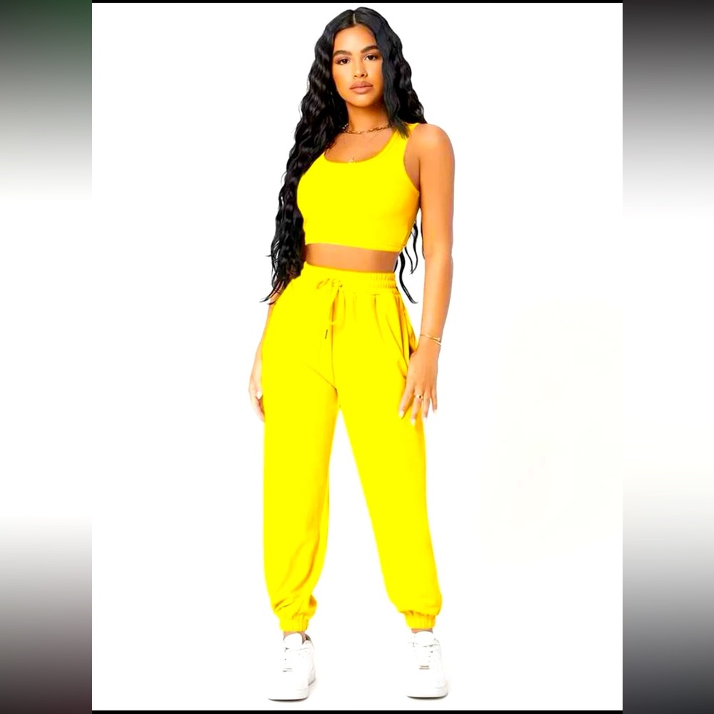 Shein petite crop tank top and joggers set in yellow size petite large